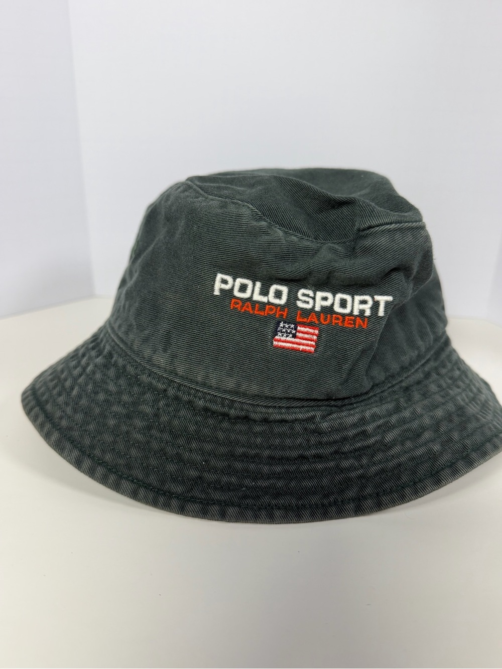Vintage 90s Polo Sport Ralph Lauren Bucket Hat Green USA Flag Cotton Rare